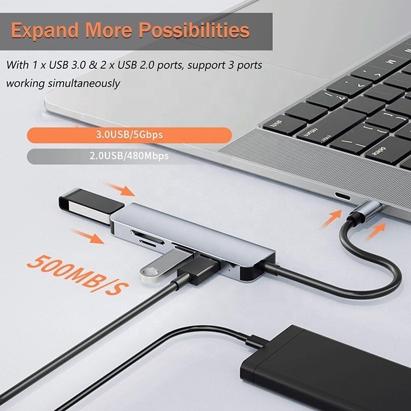 USB A/C Input USB 3.0 Type C Multiport Adapter Docking Station با خواننده کارت SD/TF