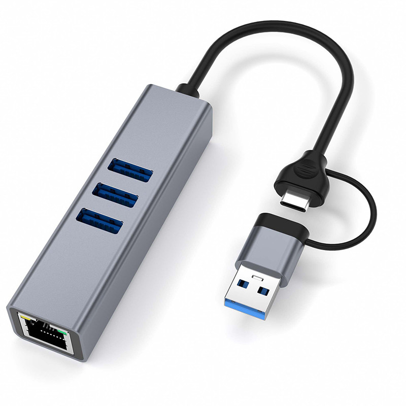 USB Type C LAN Adapter 6-in-2 USB C Hub با 3 پورت USB 3.0 و رابط RJ45 گیگابیت LAN