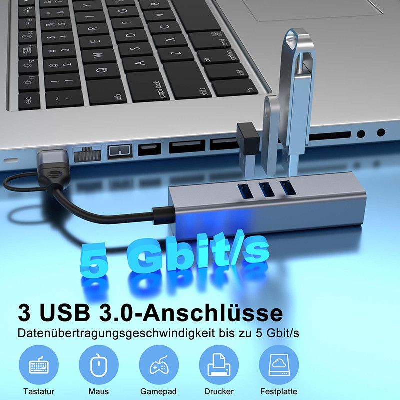 USB Type C LAN Adapter 6-in-2 USB C Hub با 3 پورت USB 3.0 و رابط RJ45 گیگابیت LAN
