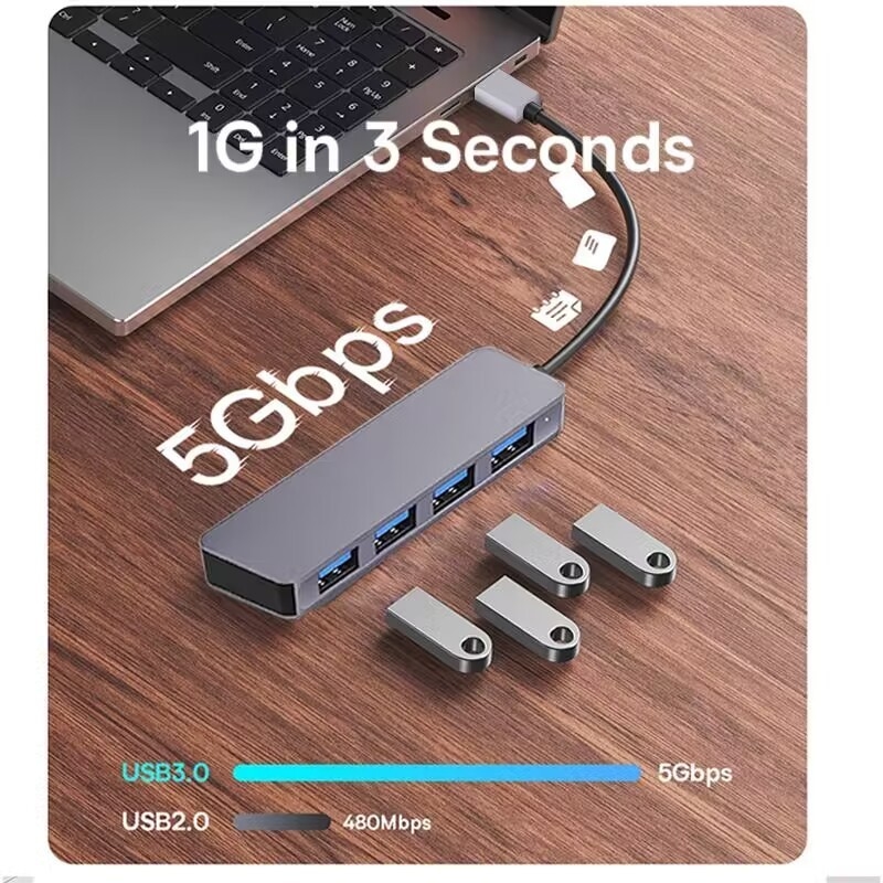 سرعت بالا 4 پورت USB 3.0 HUB 5Gbps USB C قابل حمل با آداپتور برق برای PC Mac لپ تاپ