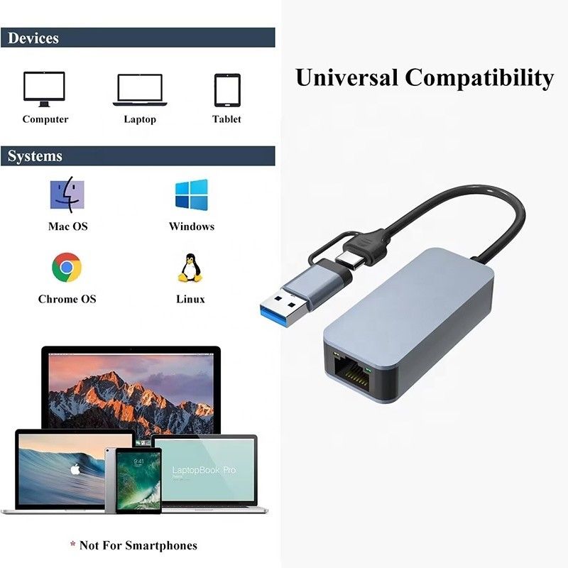 2 در 1 آلومینیوم USB 3.0 نوع C ادیپتر اترنت برای اتصال شبکه سریع و پایدار