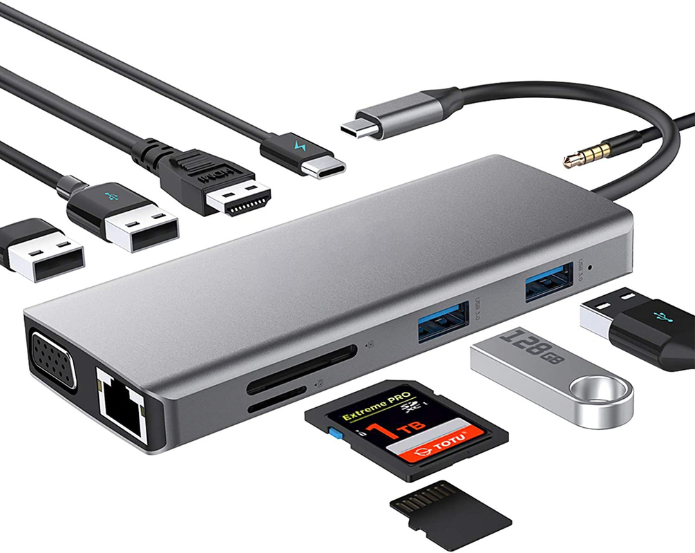 USB C Hub Type-C به USB 3.0 HDMI VGA RJ45 Lan SD TF Audio USB Grey Multiport Adapter
