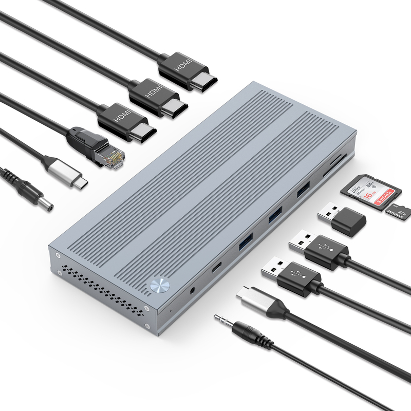 14 در 1 ایستگاه اتصال USB-C با Displaylink IC نوع C به HDMI پشتیبانی از مانیتورهای سهگانه تا 4K آلومینیوم آلیاژ و ABS