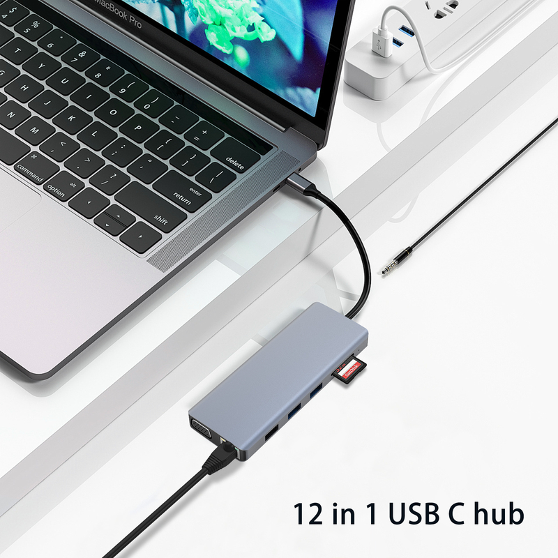 کانکتور خاکستری رنگ USB 3.0 اینترنت RJ45 HDMI 4K 12 در 1 USB C Hub